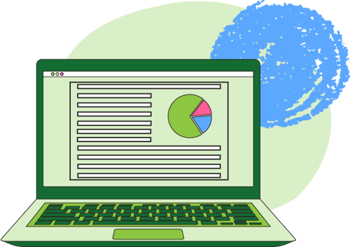 laptop with a report and a pie chart