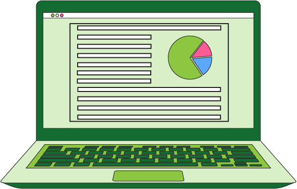 an illustration of a laptop displaying a graph and reporting information