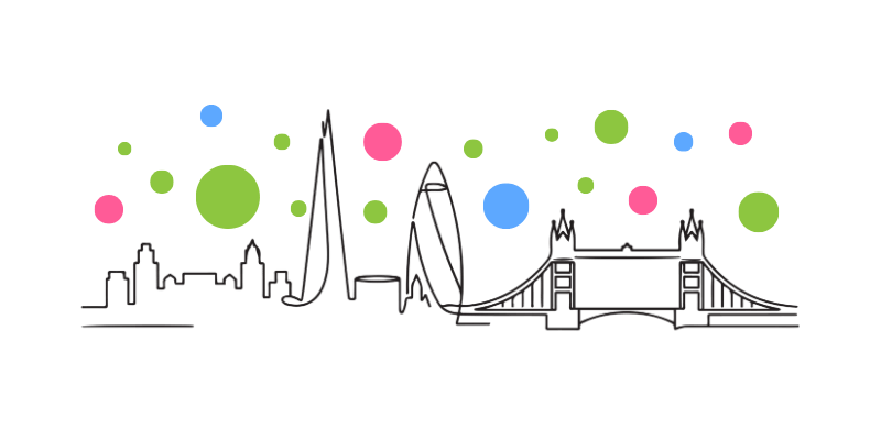 A line drawing of the London skyline beneath green, pink, and blue circles.