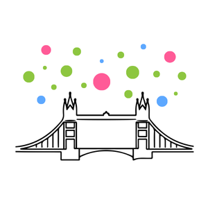 A graphic outline of Tower Bridge below blue, green, and pink circles.