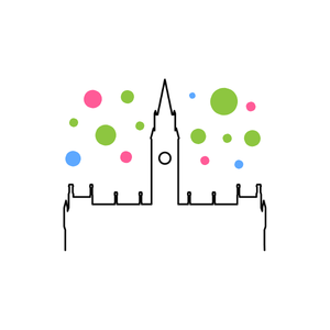A graphic outline of Manchester landmarks below blue, green, and pink circles.