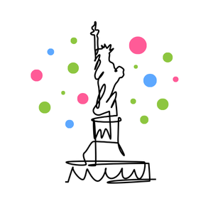 A graphic outline of the statue of liberty, surrounded by green, blue, and pink circles.