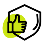 an icon of a shield with a thumbs up to symbolize reliability and security