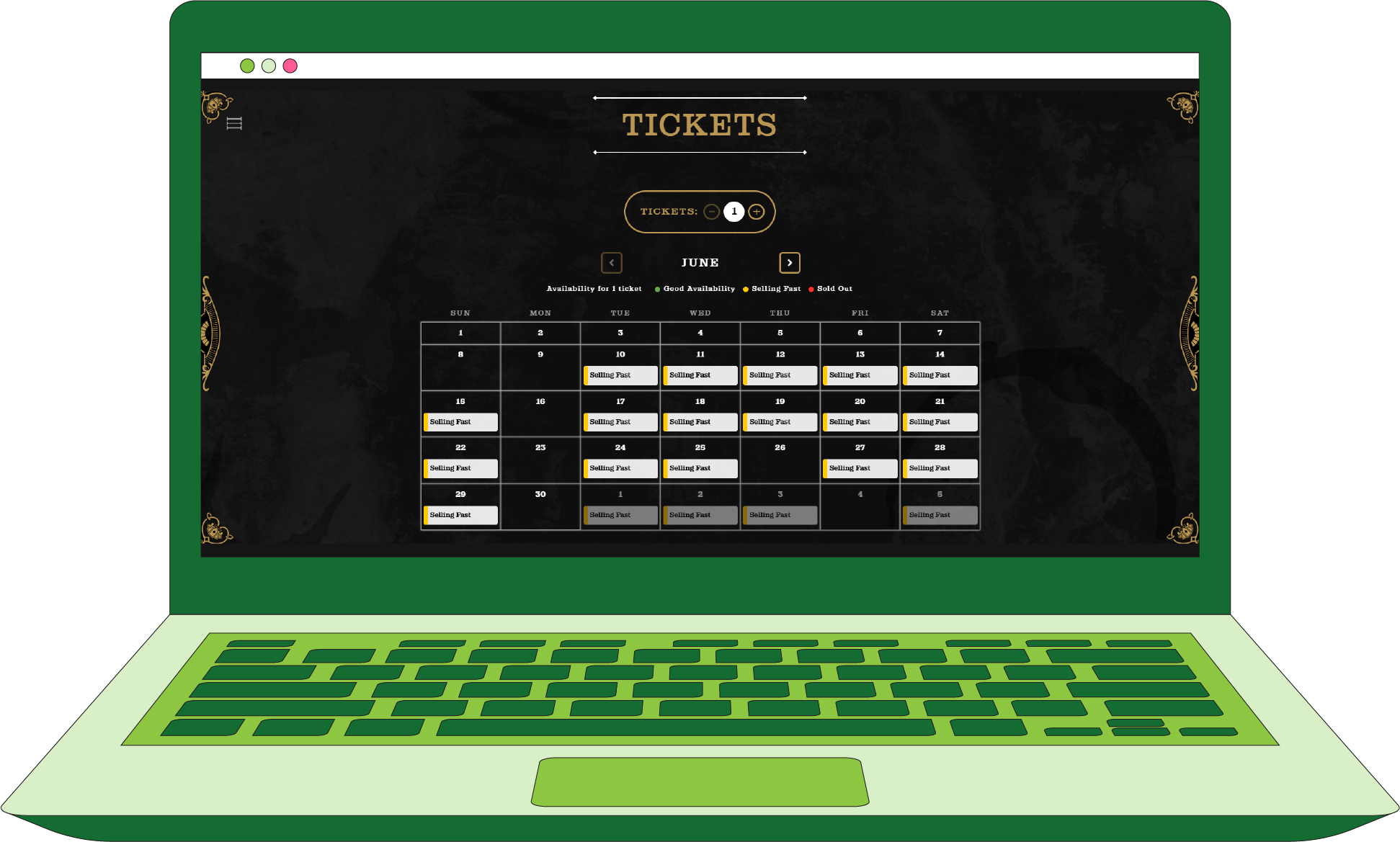 An illustration of a laptop displaying the purchase path for Speakeasy Magick
