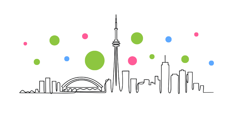 A line drawn outline of the Toronto skyline beneath green, blue, and pink circles.