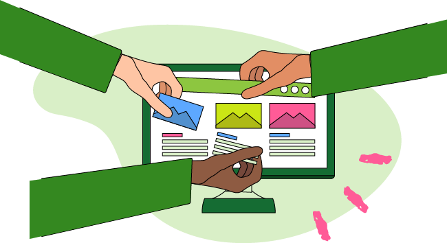 an illustrations of hands helping to assemble a webpage on a screen