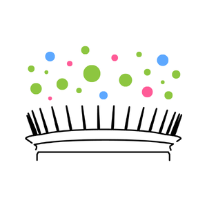 A graphic outline of one of Vancouver's landmarks below blue, green, and pink circles.