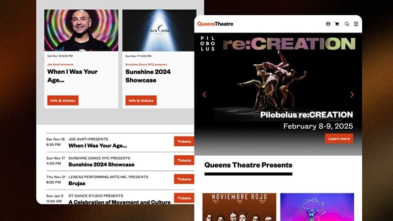 Screenshots of the Queens Theatre website, showing responsive navigation of events and easy ticket purchases