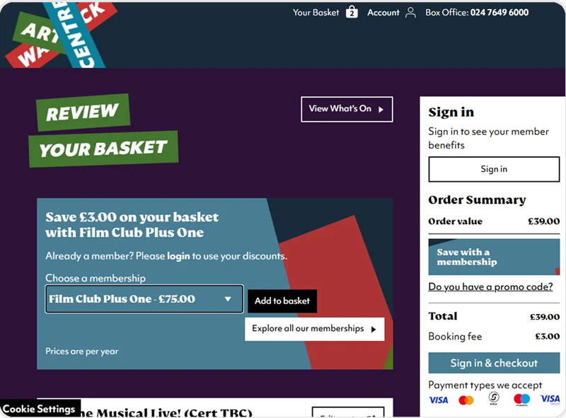 Screenshot of the Warwick Arts Centre website, showing a custom basket prompting patrons to save money by purchasing a membership