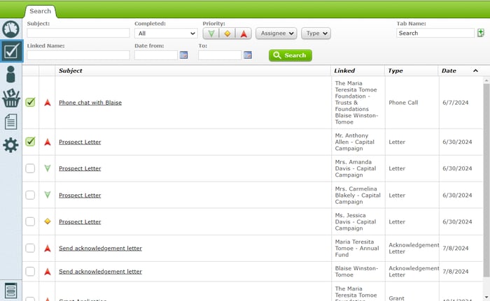 The Activities Dashboard in Spektrix, detailing every donor interaction across the fundraising team