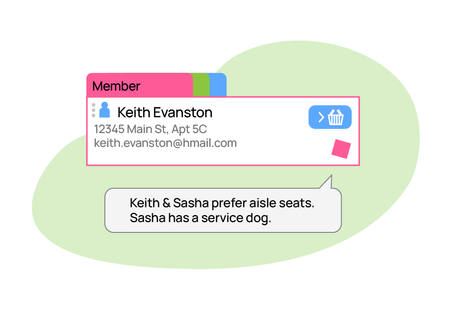 an illustration of a customer record in spektrix with a note on it