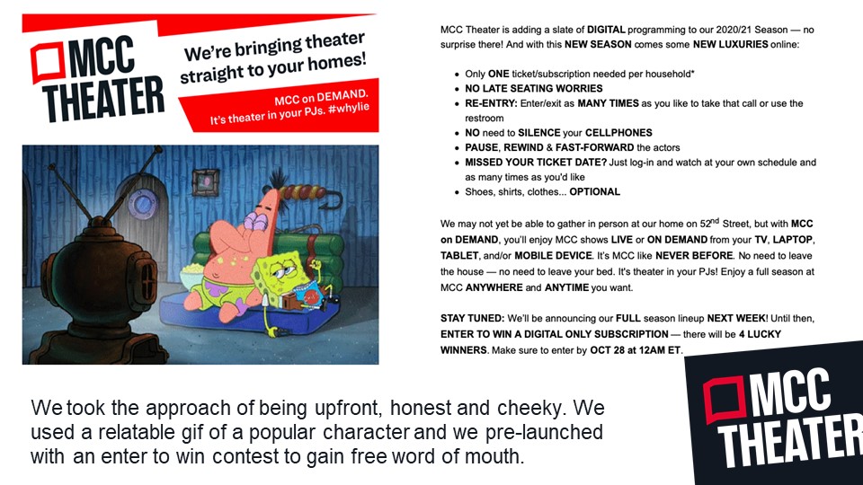 A fun and informative promotional email from MCC Theater, highlighting the ease and comfort of viewing events from home