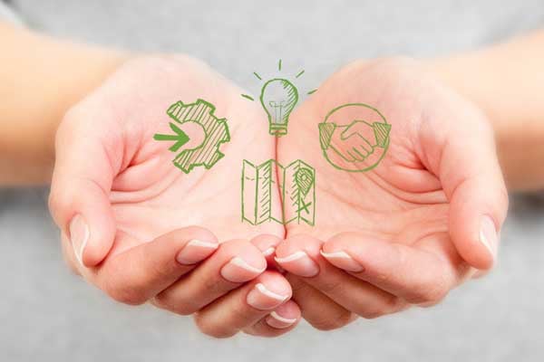 a hand with four different icons floating above it