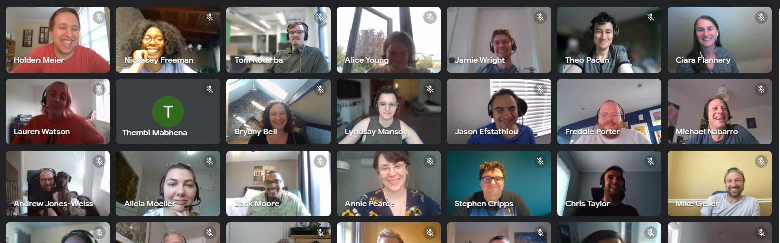 A screenshot of a Google Hangouts meeting, with all the staff smiling. 