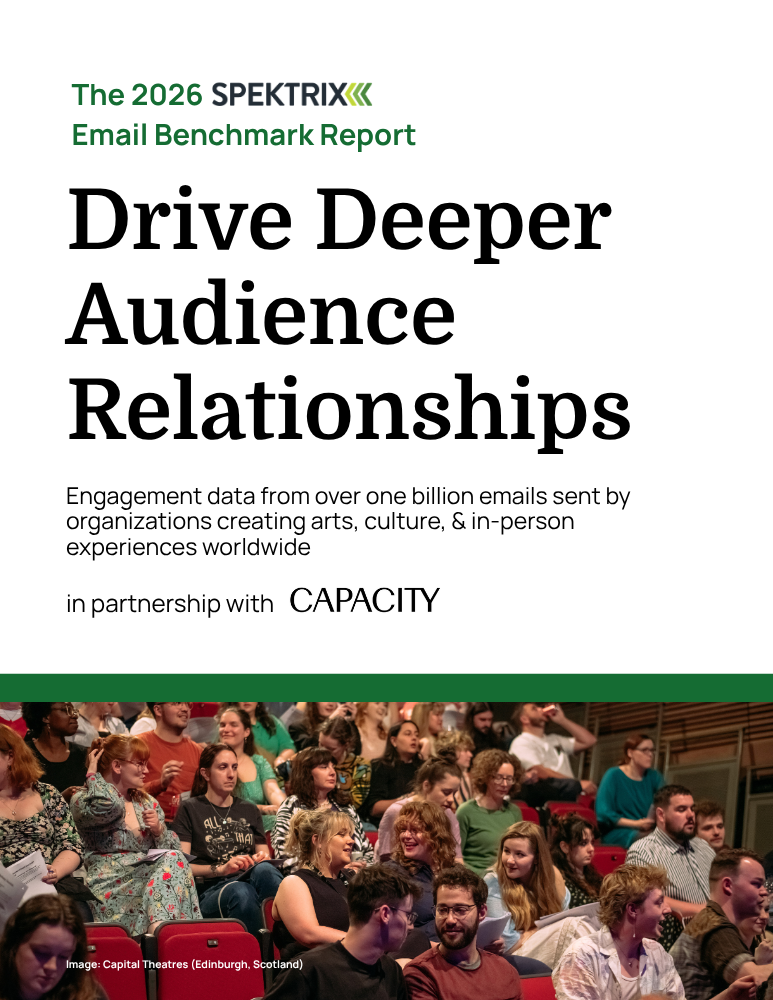 Front cover of the 2026 Spektrix Email Benchmarks Report, Drive Deeper Audience Relationships