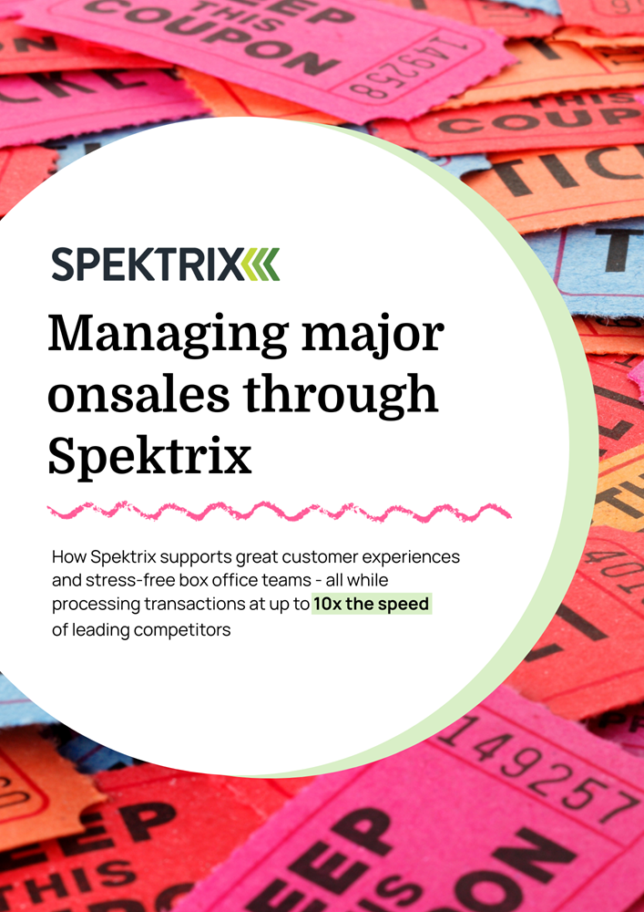 The cover of a book titled 'Managing Major Onsales Through Spektrix.' Contact us if you need assistance to access this resource.