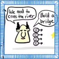 Visual of a team with high alignment but low autonomy. Team members are following instructions from a senior leader, but they're not bringing their own ideas and look ambivalent about their work.