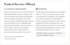 A screenshot from the Spektrix Partner Directory showing services listed in the Product section
