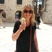Davina Waterton, on holiday holding an ice cream.