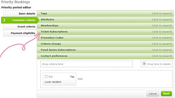The eligibility picker in the Spektrix System, with Ticket Subscriptions newly available as a category.