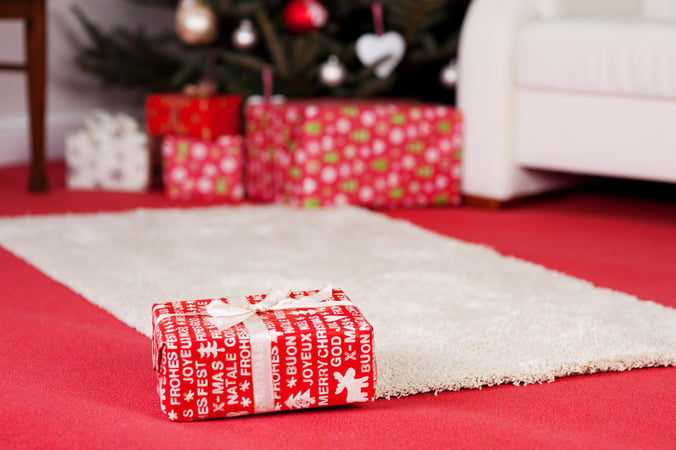 Red Christmas gift lying alone on the edge of a white rug overlaying a red carpet with tree in the background