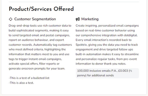 A screenshot from the Spektrix Partner Directory showing services listed in the Product section