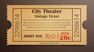 Vintage theater ticket with itemized fees