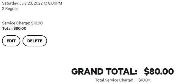 Two River Theater show service charges alongside the inclusive grand total on the checkout screen