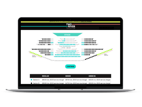 two river theater seating plan on laptop with $60 orchestra seat selected