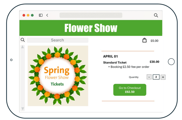 ticket purchase page for Flower Show that says "Booking £2.50 fee per order" in line with CMA price transparency guidance
