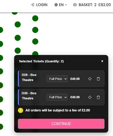 Ticket prices on a seating chart showing "All orders will be subject to a fee of £2.00" to demonstrate CMA price transparency guidance