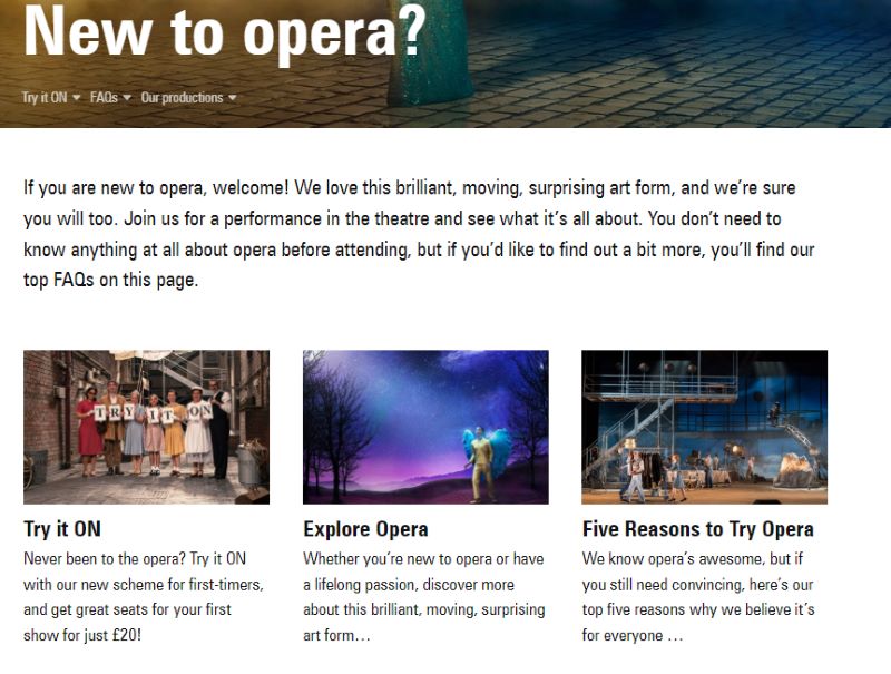 screenshot of Opera North's perofrmance arts marketing page with articles about opera