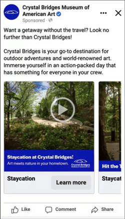 A sponsored social post informing local people about the benefits of a visit to Crystal Bridges Museum of American Art