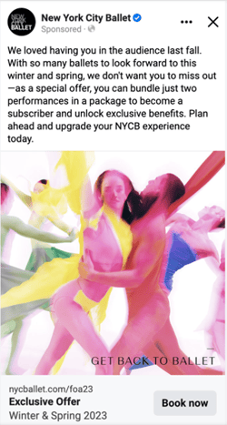 A sponsored social post inviting new attenders to buy a two-event subscription to New York City Ballet