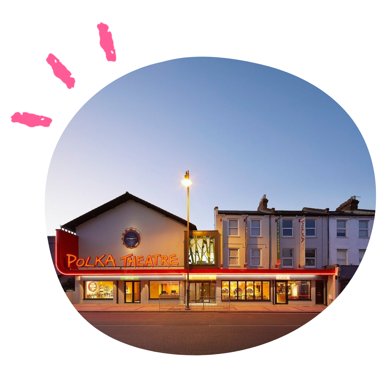 The outside of Polka Theatre, a children's theatre in London, England.