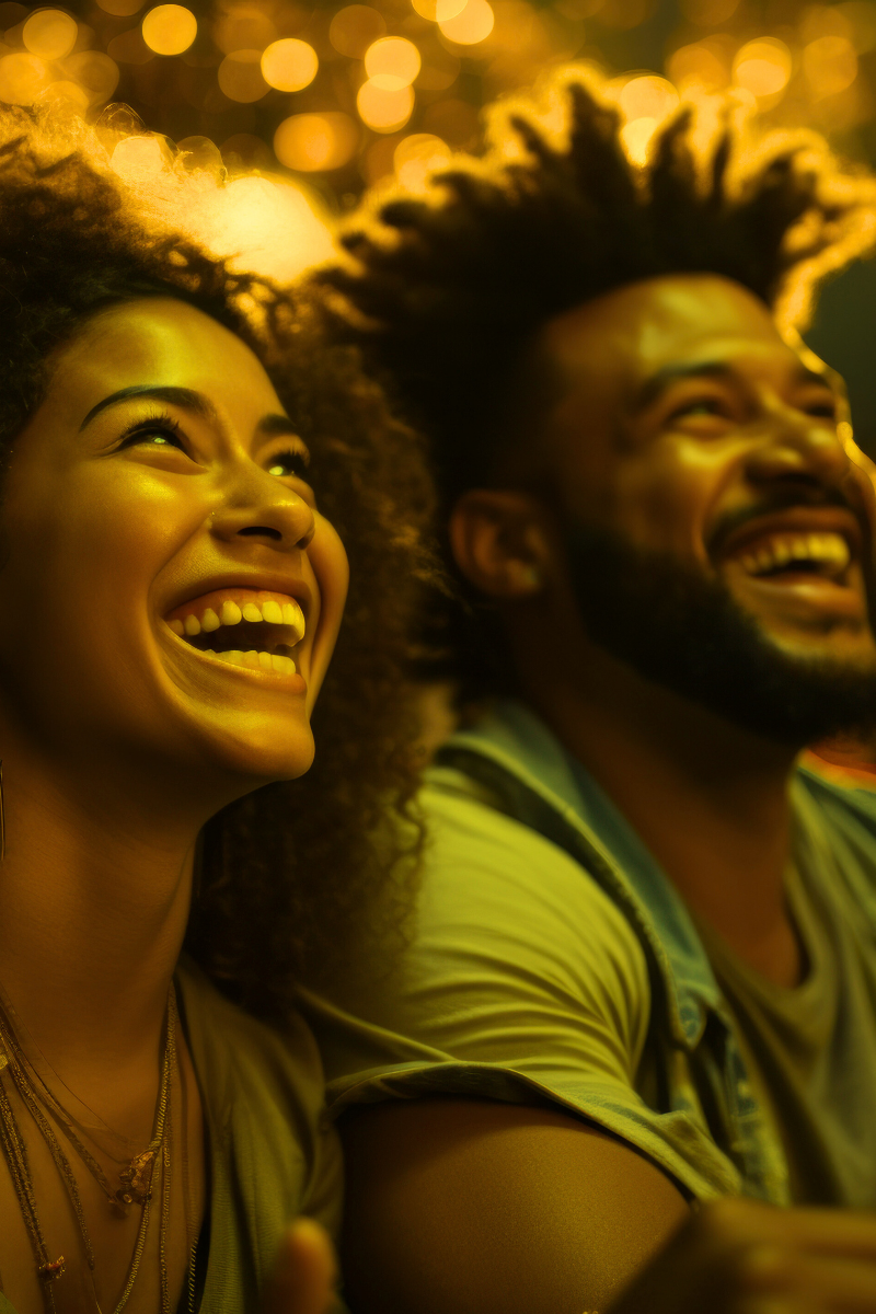 a happy couple sitting together in a crowd and laughing