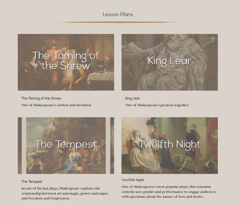 screenshot of a page showing lesson plans for Shakespeare plays