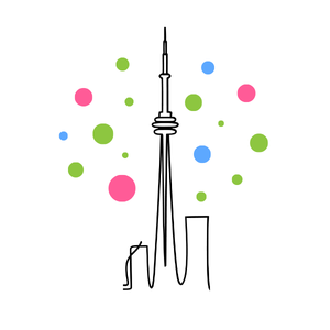 A graphic outline of part of Toronto's skyline below blue, green, and pink circles.