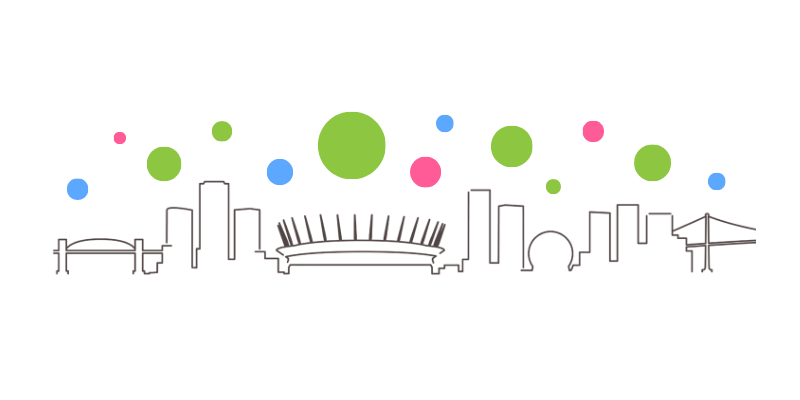 A line drawn outline of the Vancouver skyline beneath green, blue, and pink circles.