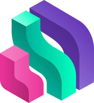 Three curved, three dimensional shapes in bright shades of pink, turquoise, and purple