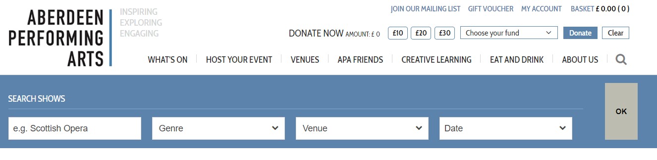 At Aberdeen Performing Arts, the donations web component appears at the top of every page 