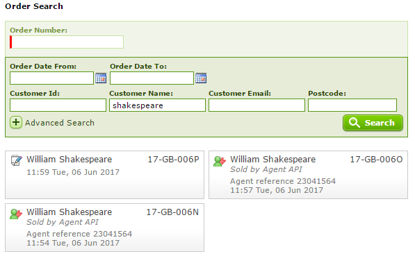 Screenshot of an agency order placed via the API, with customer's details visible within Spektrix