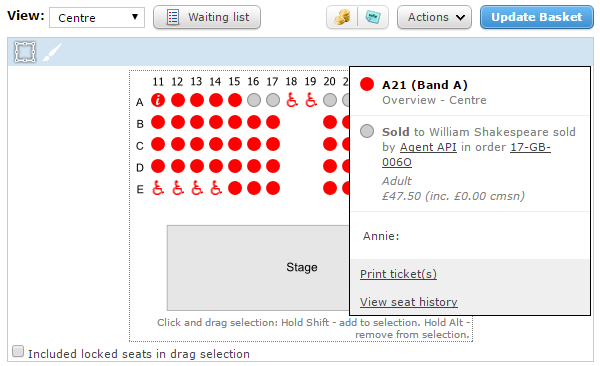 Screenshot of a seating plan, with seat history showing the sale via API
