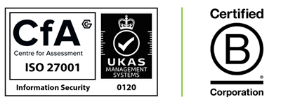 Logos showing that Spektrix has met ISO27001 standards for information security, and is certified as a B Corporation