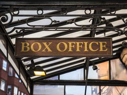 A hanging wooden Box Office sign.