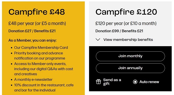 Screenshot of membership listings on the Royal Exchange Theatre website, showing multiple tiers and associated benefits Screenshot of membership listings on the Royal Exchange Theatre website, showing multiple tiers and associated benefits