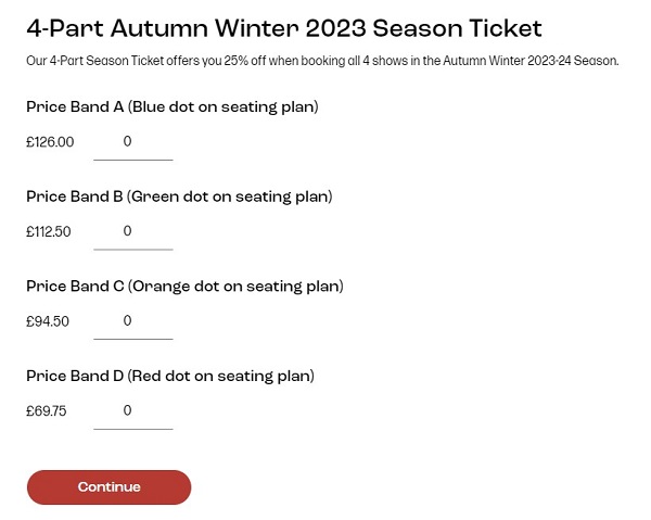 Screenshot of the selection screen for season tickets at the Royal Exchange, showing four different price tiers