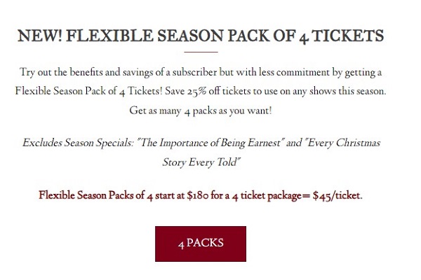 Cincy Shakes promotes a flexible season pack of four tickets, highlighting the benefits of subscribing with less commitment.