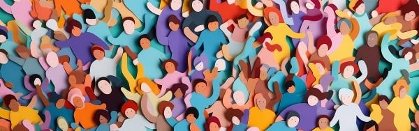 A collection of people, cut out of paper, in a variety of colourful outfits and skin tones