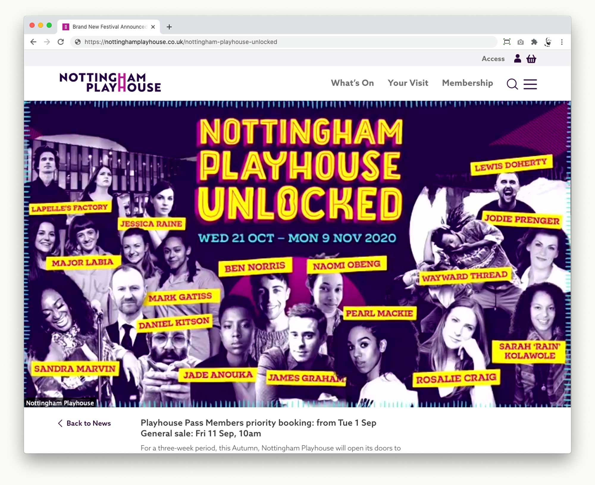 Screenshot of Nottingham Playhouse's website, featuring its new season announcement